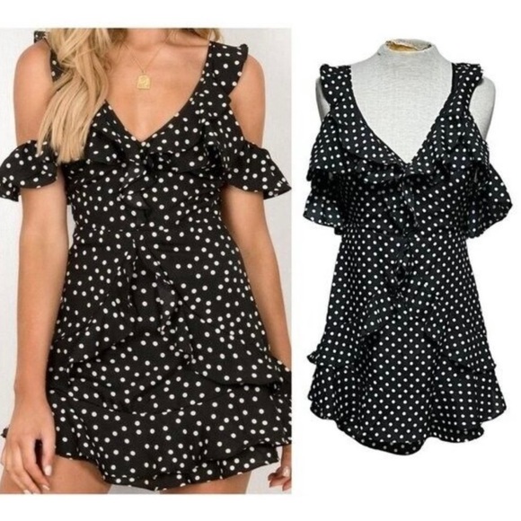 Black White Polka Dot Mini Sundress Women's Size 10 Ruffles Tie Up Back Summer - Picture 2 of 8